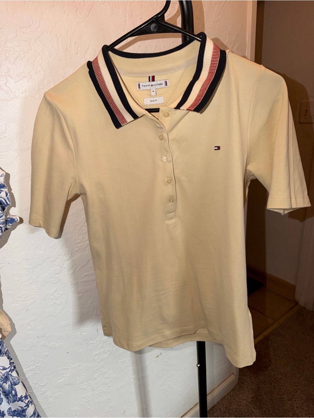 Tommy Hilfiger Women's Pale Yellow Polo with Striped Contrast Collar